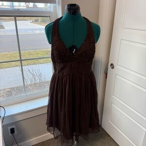 Brown Vintage Mini Y2K Halter Embellished Beaded Tulle Dress Fairycore Large